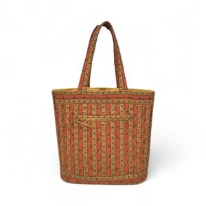 Valdrome Vintage French Cotton  Coral Orange and Yellow Quilted Tote Bag